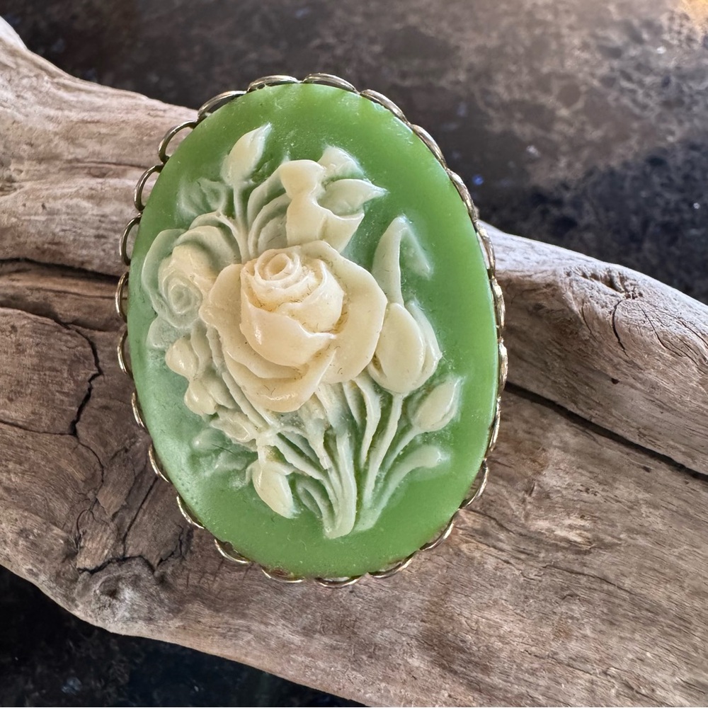 Gold Tone Vintage Brooch – Green Floral Cameo, Classic Pin